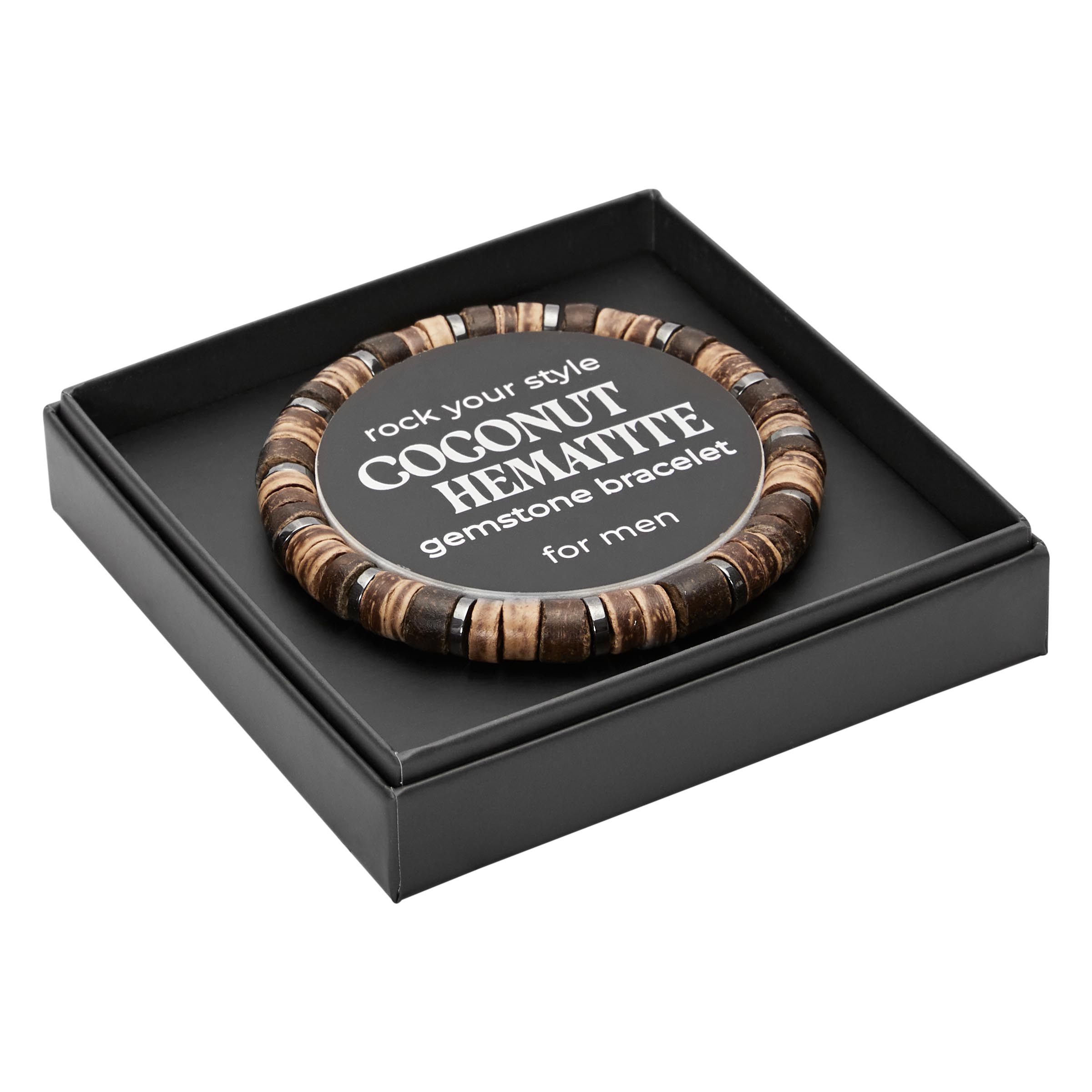 Geschenkbox MEN – Armband, Kokosnuss-Holz - Hämatit Geschenkbox MEN – Armband, Kokosnuss-Holz - Hämatit