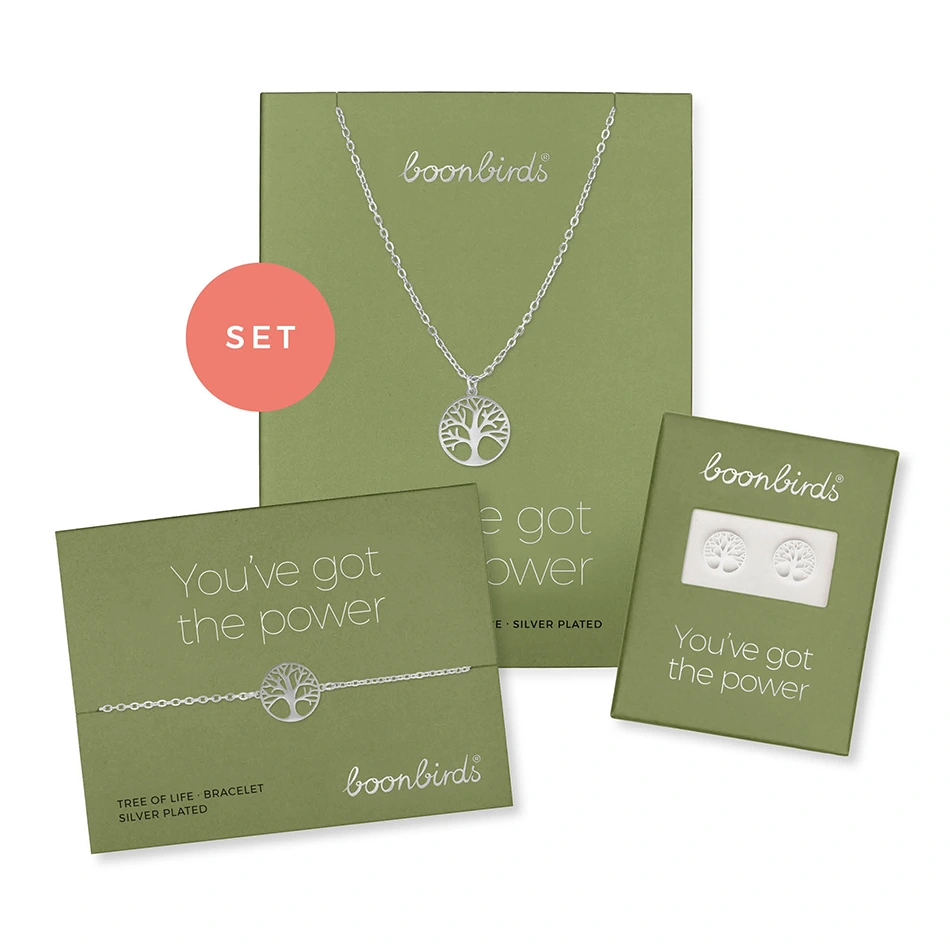 Set SELECTION – Baum des Lebens, versilbert Baum des Lebens Set SELECTION Halskette Armband Ohrstecker versilbert boonbirds