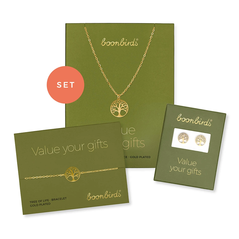 Set SELECTION – Baum des Lebens, vergoldet Baum des Lebens Set SELECTION Halskette Armband Ohrstecker vergoldet boonbirds
