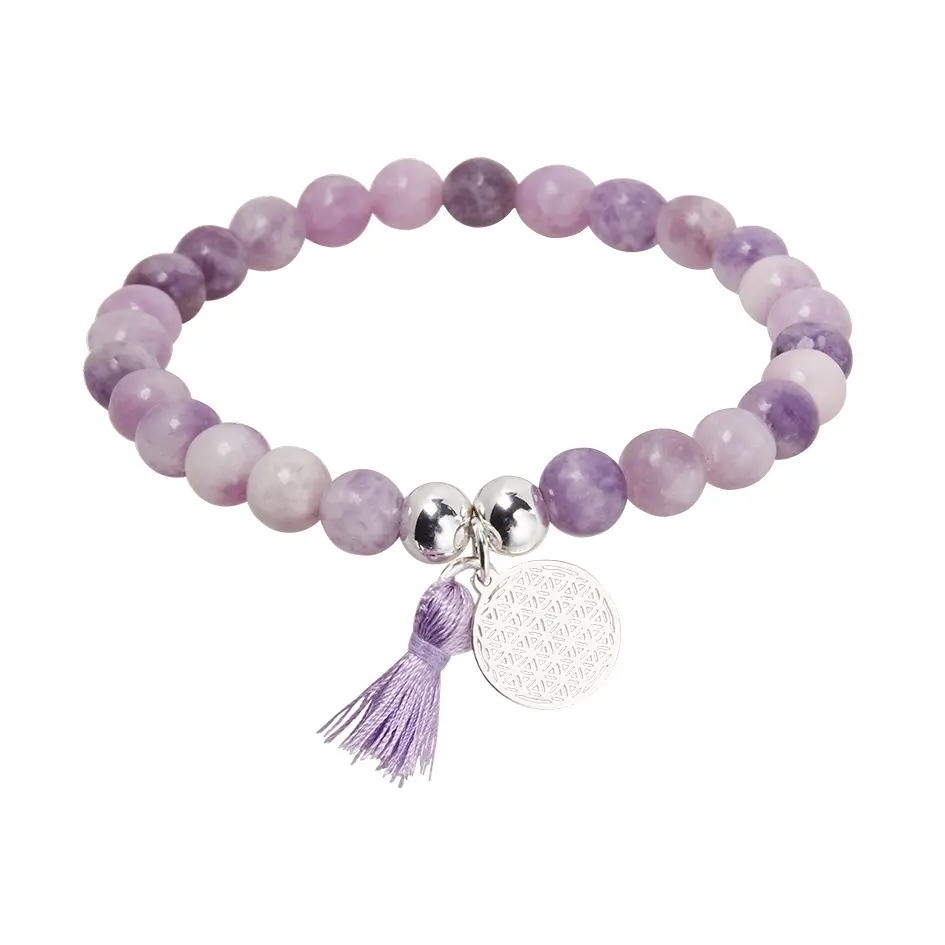 Echtsteinarmband KARMA – Lepidolith, Blume des Lebens, versilbert Echtsteinarmband KARMA – Lepidolith, Blume des Lebens, versilbert
