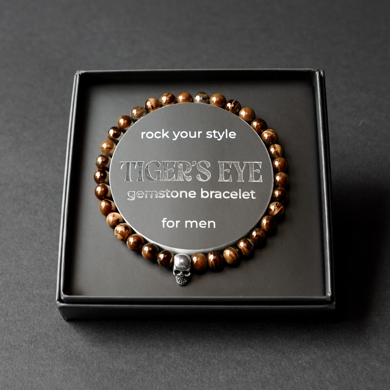 Geschenkbox MEN – Armband, Tigerauge mit Totenkopf