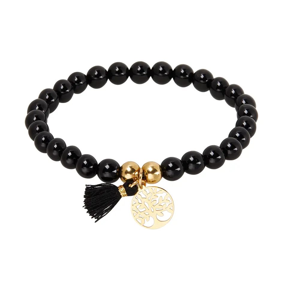 Echtsteinarmband KARMA – Achat schwarz gefärbt, Baum des Lebens, vergoldet Echtsteinarmband KARMA – Achat schwarz gefärbt, Baum des Lebens, vergoldet