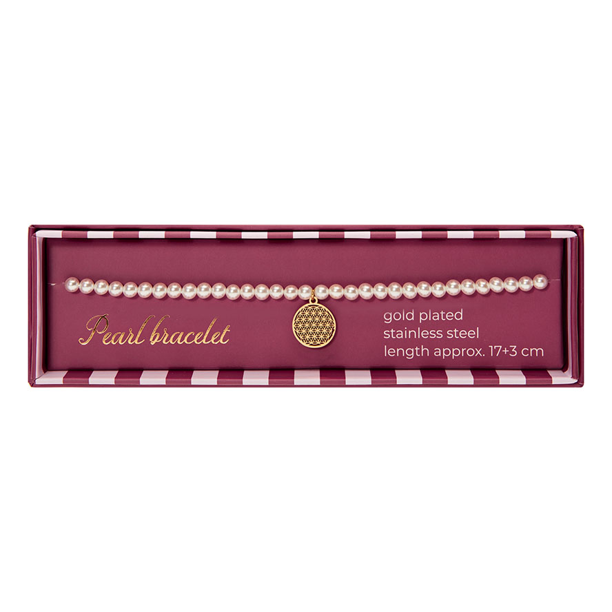 Geschenkbox Perlenarmband – Blume des Lebens, vergoldet