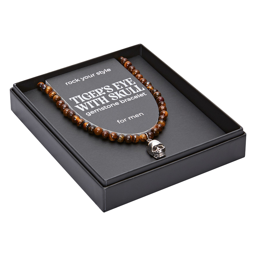 Geschenkbox MEN  – Halskette, Tigerauge mit Totenkopf
