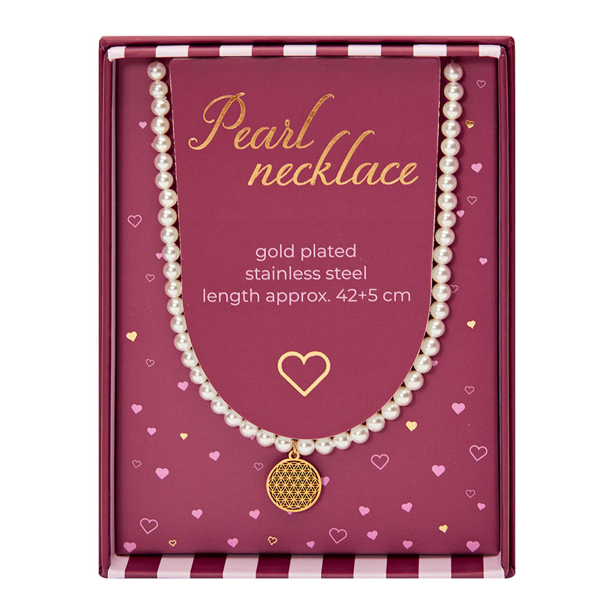 Geschenkbox Perlenhalskette – Blume des Lebens, vergoldet